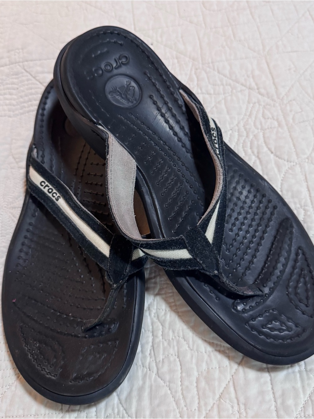 CROCS Black Flip-Flop Sandals with Cream Straps